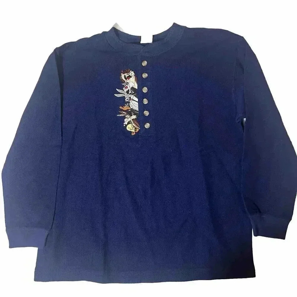 Vintage Y2K Looney Tunes Embroidered Henley Navy Long Sleeve Size Youth M